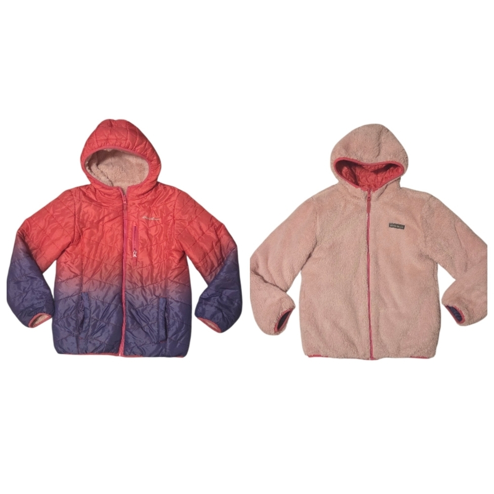 Eddie Bauer Reversible Puffer Fleece Coat Girls Size Medium 10/12‎ Pink Purple